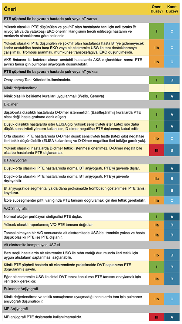 Pulmoner Tromboemboli Kılavuzu ESC 2014 7 PTE'de tanıya yönelik öneri ve kanıt düzeyleri